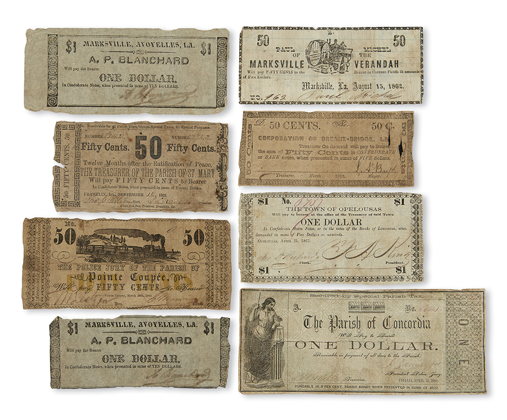 (CIVIL WAR--LOUISIANA.) Group of 8 obsolete Louisiana Confederate banknotes.